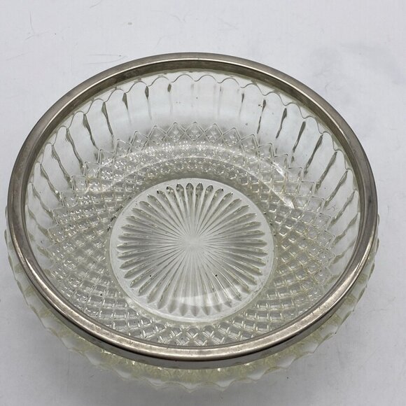 Vtg Cut Crystal Bowl 8 3/4” W Silver Plate Rim England Spike Diamond Design MCM - Picture 2 of 10